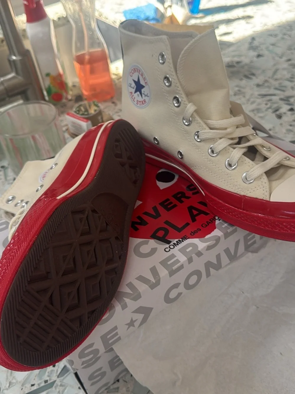 Converse Beige Comme des Garçon High-Top Sneakers with Red Heart and Red Sole